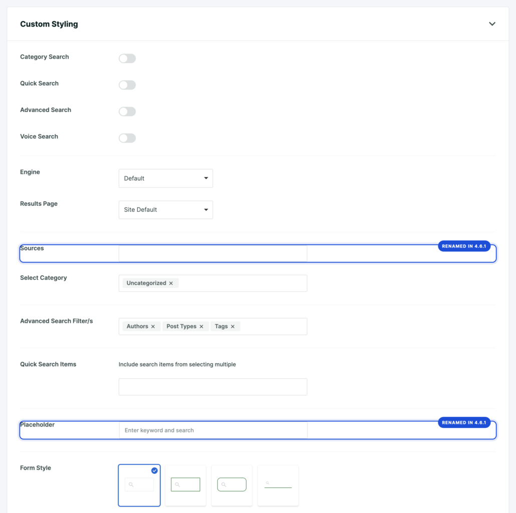 Custom Styling settings panel showing toggles for Category, Quick, Advanced, and Voice Search, with Engine and Results Page dropdowns and a Placeholder field labeled Placeholder.