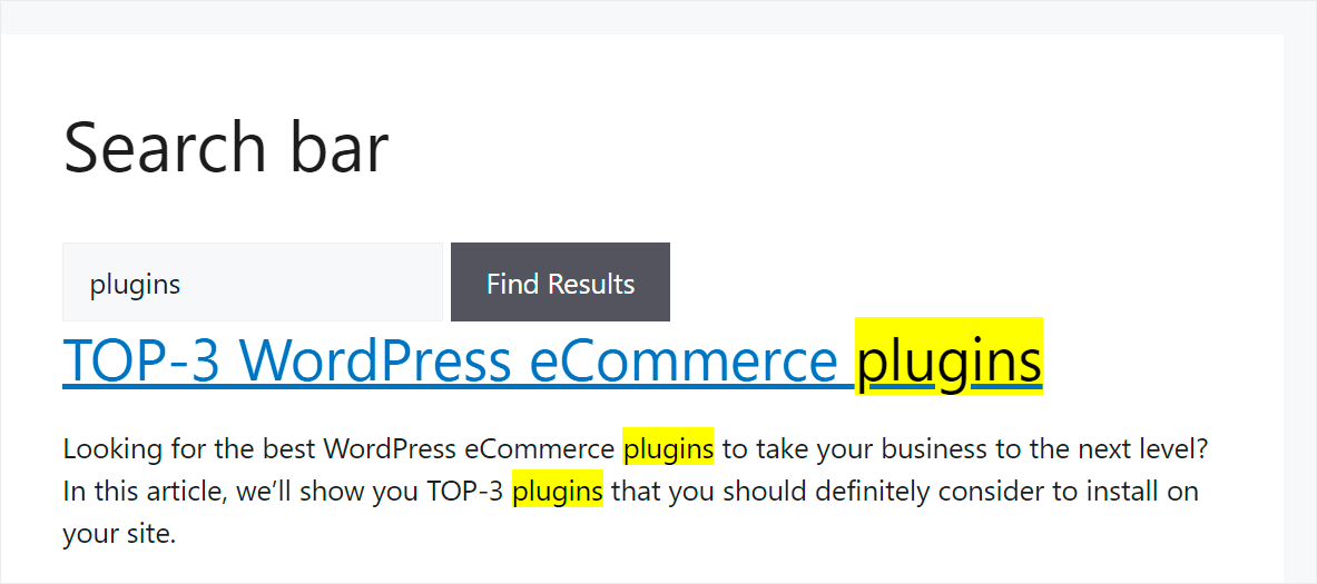How To Highlight Search Terms In WordPress: see search highlights in action step 2
