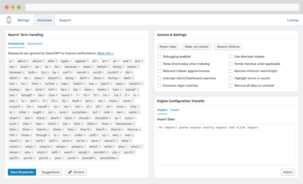 Screenshot of SearchWP's Advanced settings screen