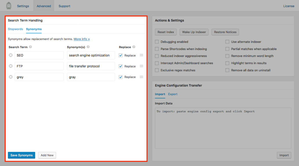 Screenshot of synonym management in SearchWP