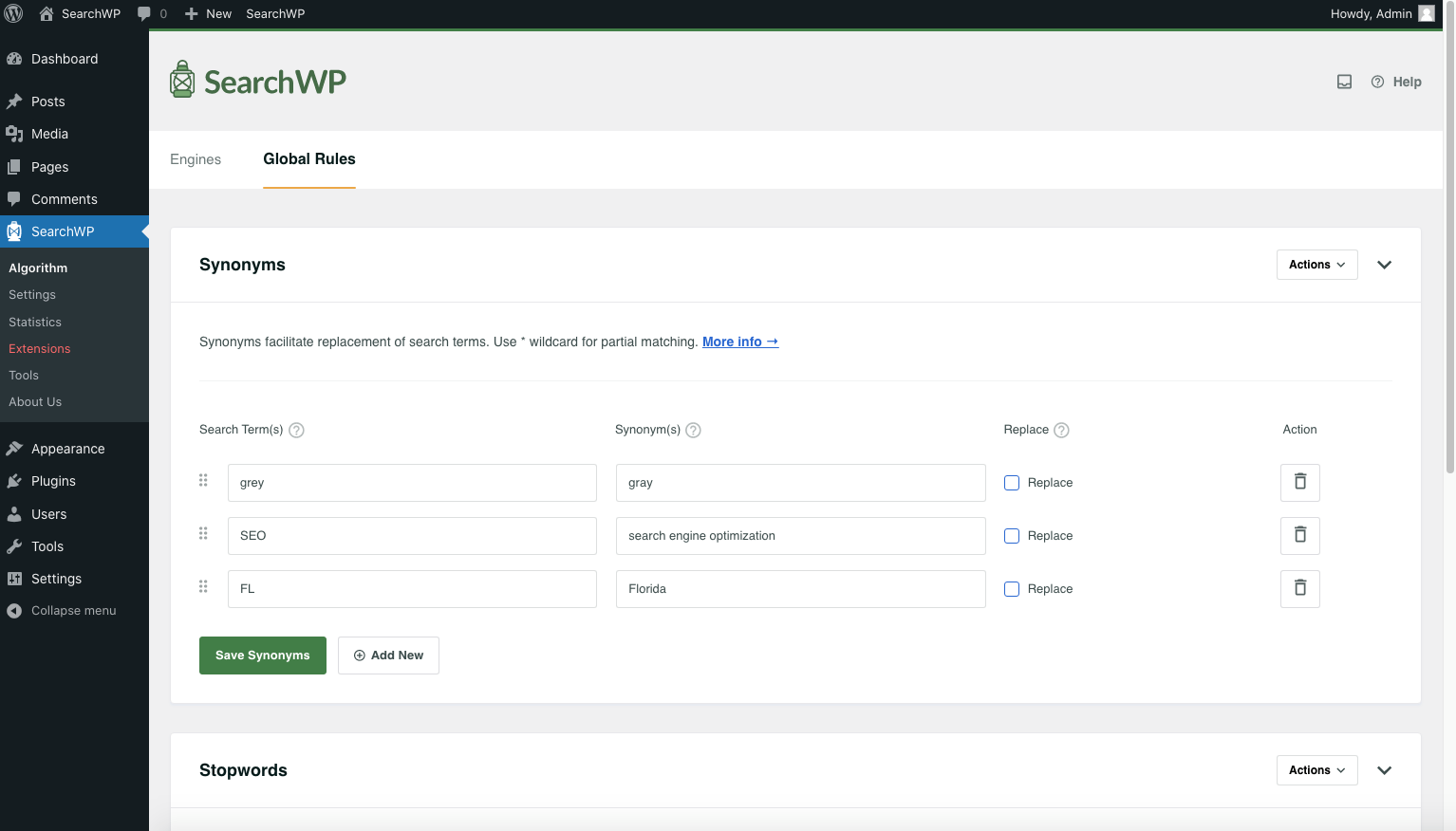searchwp-algorithm-global-rules-synonyms - SearchWP Screenshot of SearchWP's Synonyms UI