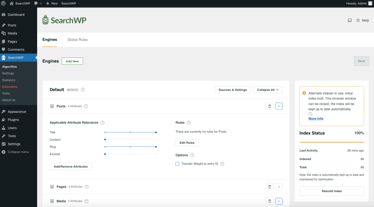 searchwp-alternate-indexer-notice - SearchWP Screenshot of alternate indexer notice