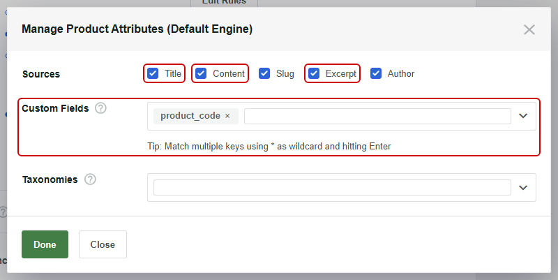 Choose fields for WordPress phrase search