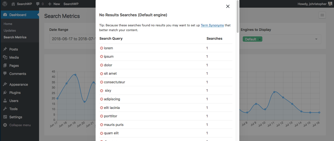 Screenshot of failed searches within Metrics