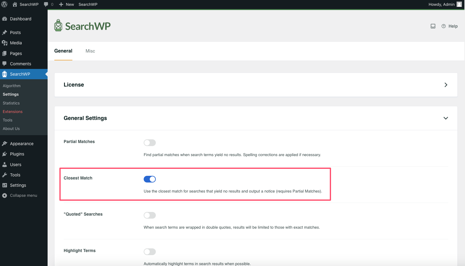 searchwp-settings-closest-match - SearchWP Screnshot of SearchWP General settings