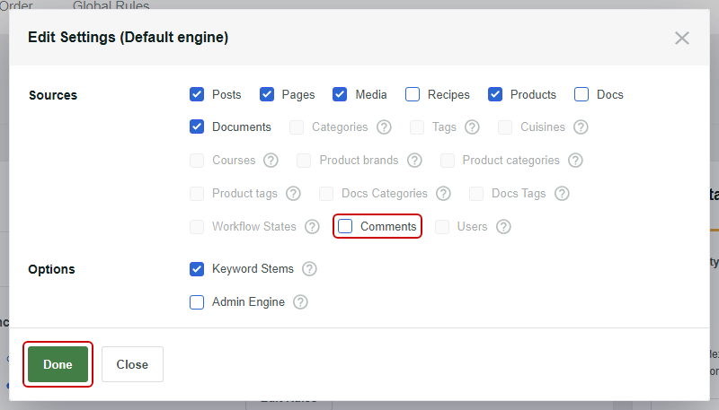 limit sources to speed up WordPress search