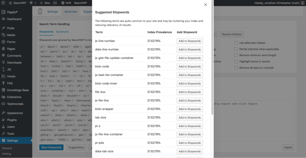 Screenshot of suggested stopwords in SearchWP