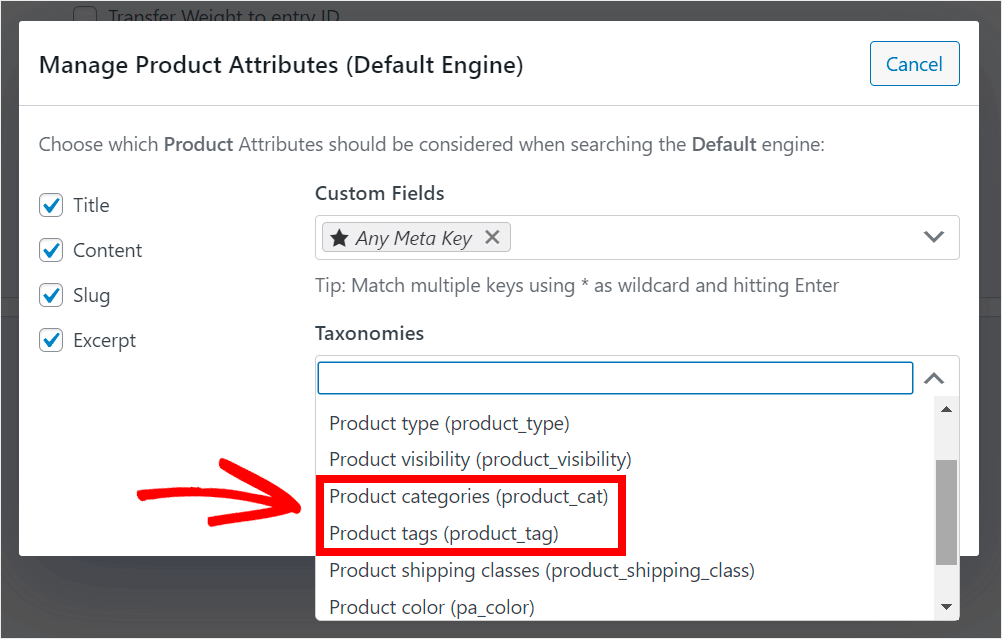 select Product Categories and Tags