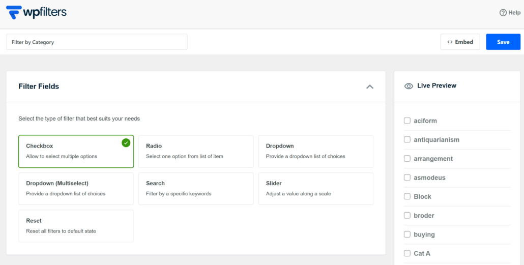Select filter fields for your element 