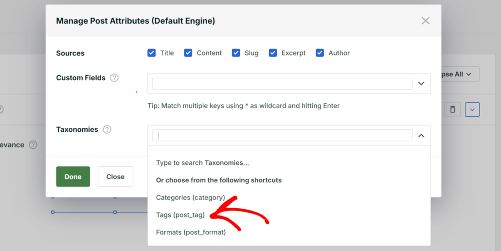 Select post tags under taxonomies - SearchWP Select post tags under taxonomies