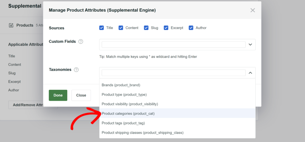 Select product category as attribute