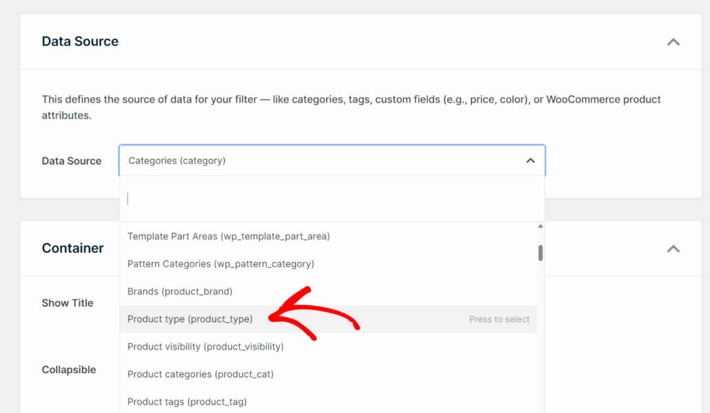 Select product type data source - SearchWP Select product type data source