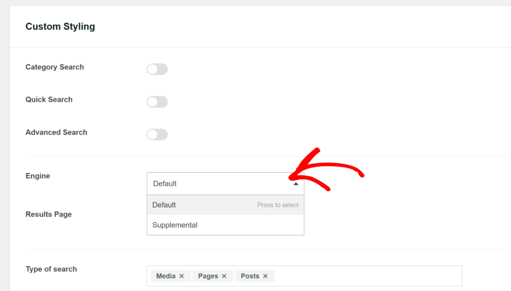 Select search engine for search form