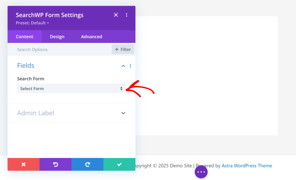Select your search form for divi