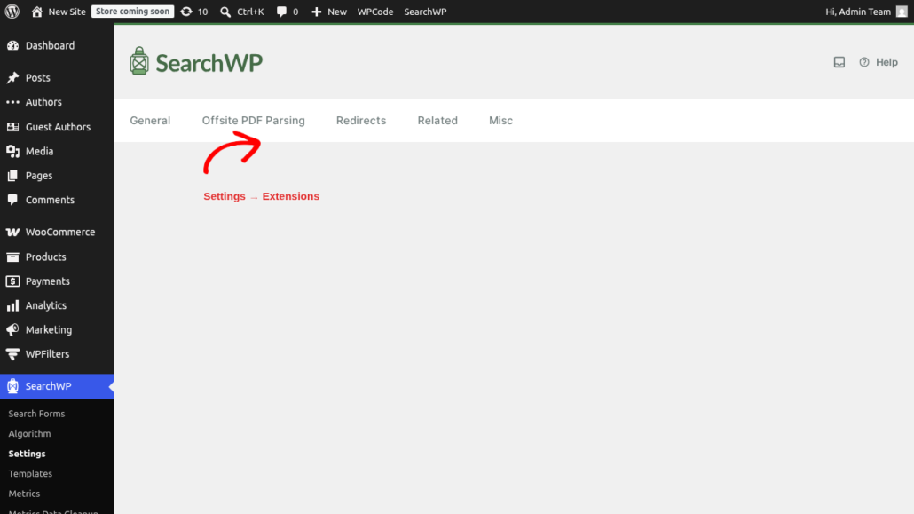 settings-extensions-tab - SearchWP WordPress admin dashboard showing SearchWP settings, with Offsite PDF Parsing tab selected in the top menu.