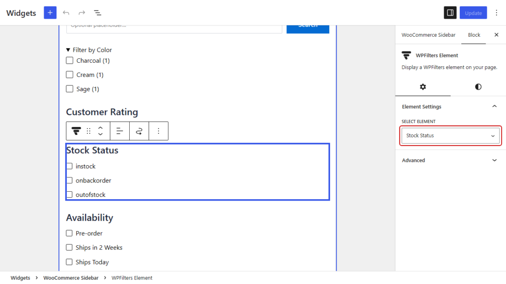WooCommerce widget editor showing Stock Status filter with options: instock, onbackorder, outofstock.