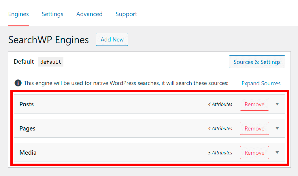 the list of search sources