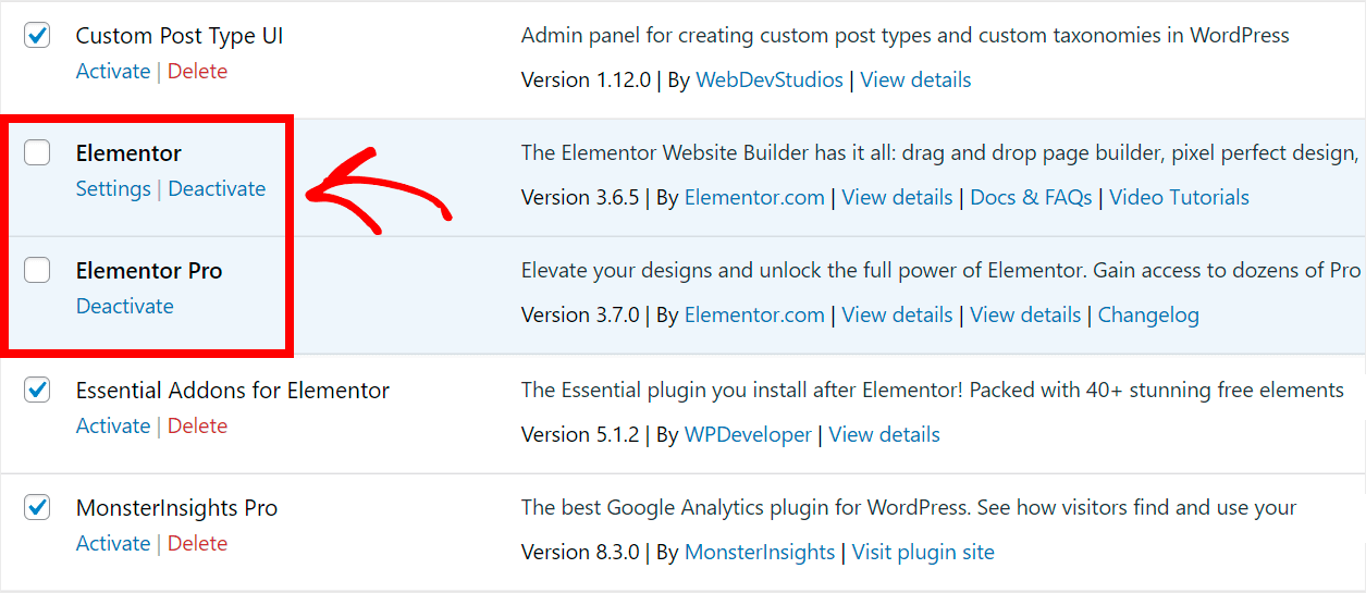 uncheck Elementor and Elementor Pro