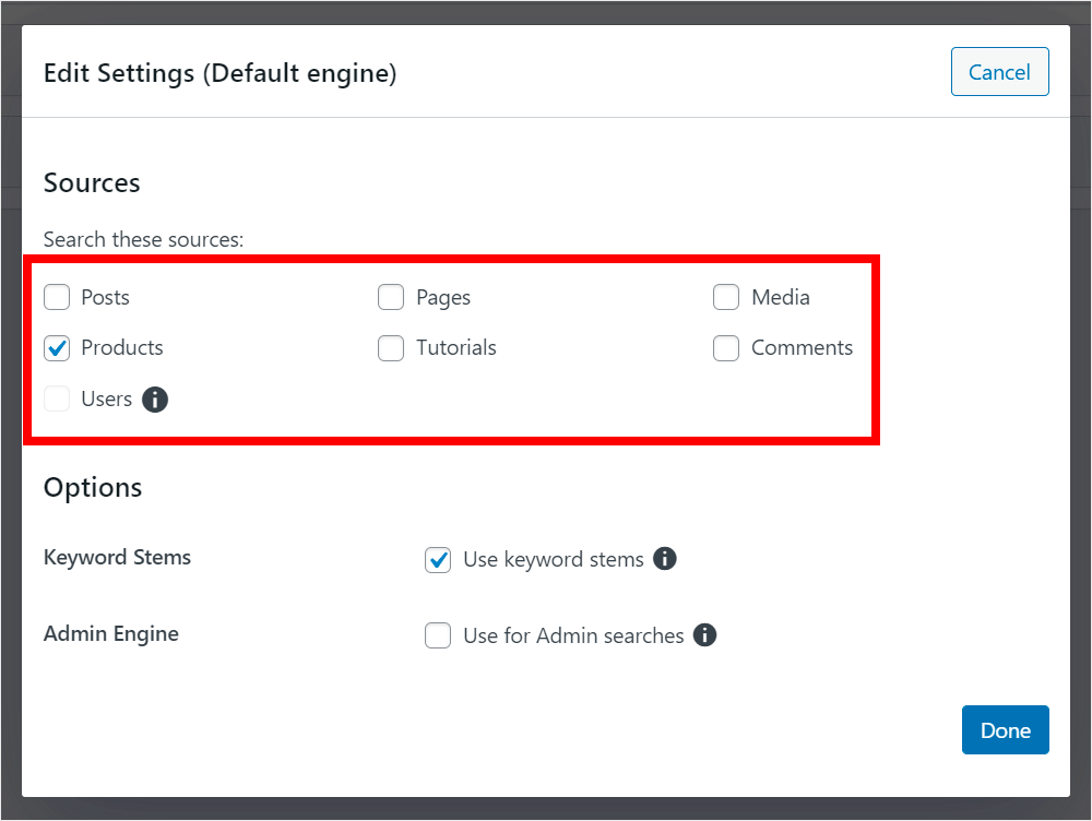 uncheck other search sources