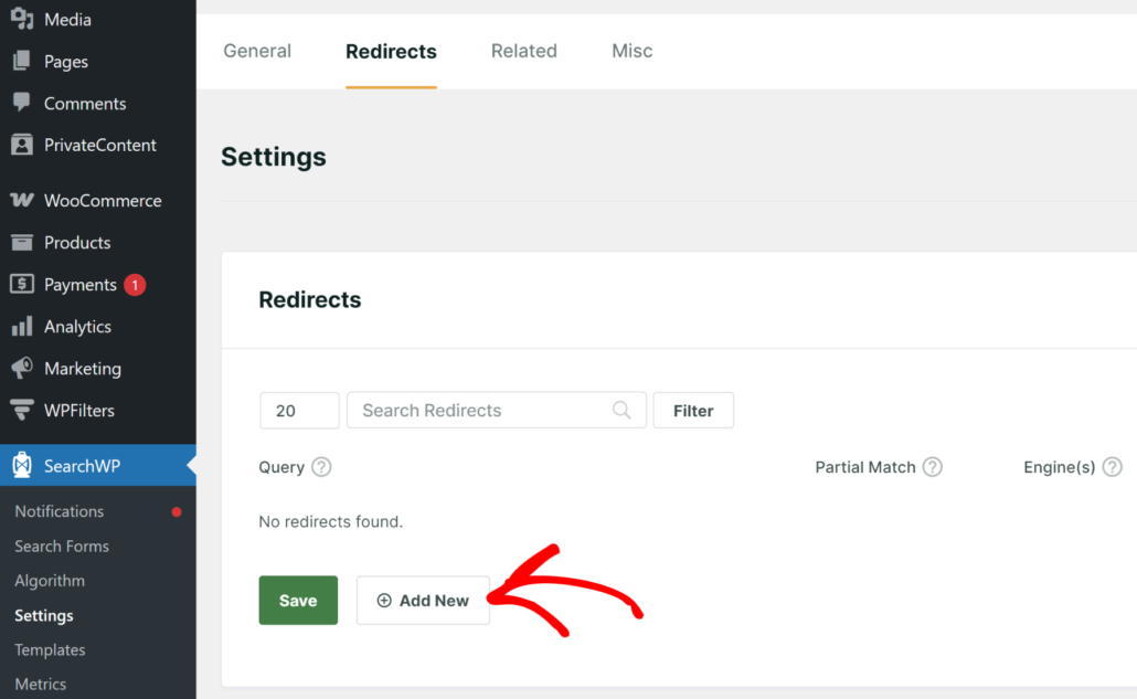 Voir les redirections dans SearchWP