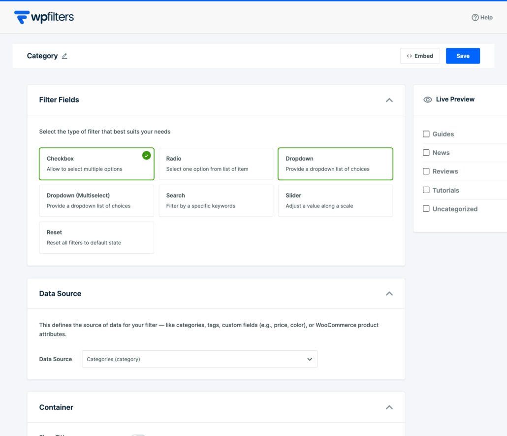 WPFilters element editor configuring a Category filter with Checkbox type and a Categories data source, with a live preview of filter options