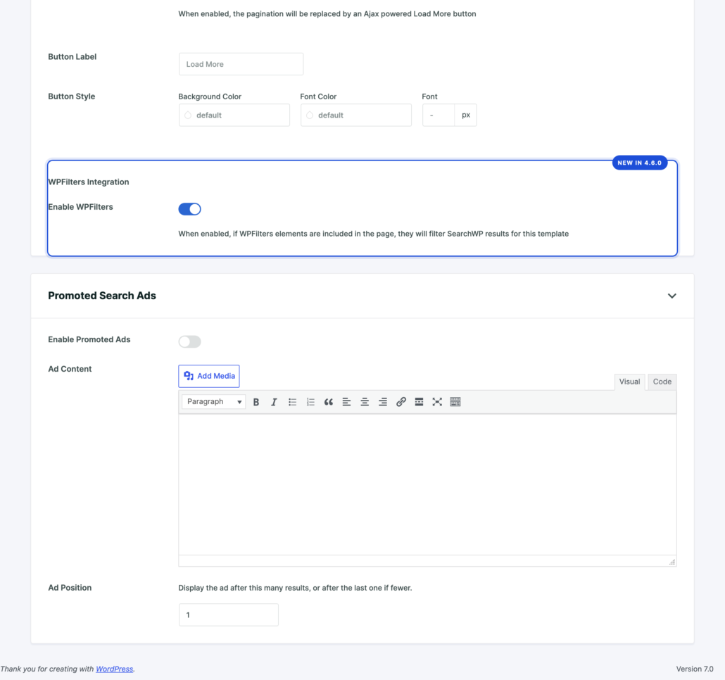 Results Templates editor showing the new Enable WPFilters toggle in the Custom Styling section